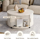Round Coffee Table with Storage, 31.5" Modern Coffee Table with 360° Curved Sliding Door, Fluted Wood Coffee Table with Adjustable Footpads, Round Center Table for Living Room, Natural White by CozyNest Decor
