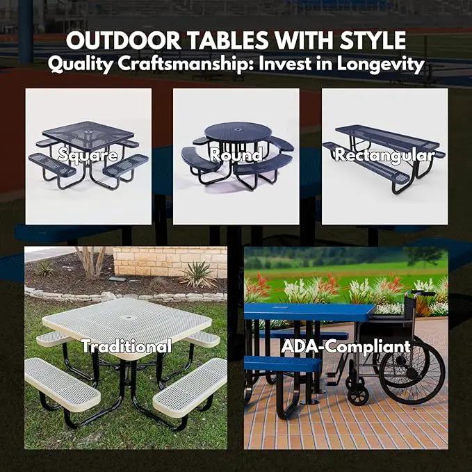Coated Outdoor Furniture Heavy-Duty Portable ADA-Compliant Outdoor Picnic Table, Expanded Metal Patio Dining Furniture Made in America (8ft Rectangular, One-Side Handicap, Textured Brown), photo 4 of 9