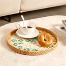 Round Rattan Tray with Mother of Pearl Inlay & Wooden Base - Decorative Wicker Serving Tray for Coffee/Bread/Fruits, Food Storage & Display - Multipurpose Home Decor (M,Four-Leaf Clover) by CozyNest Decor