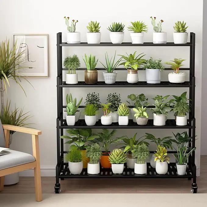 YIZAJIA Plant Stand Indoor 4 Tier Metal Outdoor Tiered Stands Shelf With wheel for Multiple Plants Potted Ladder Plant Holder Table Plant Pot Stand for Window Garden Balcony Living Room (4 Tier-Black), photo 4 of 6