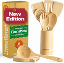 Riveira Natural Bamboo Wooden Cooking Utensils Set of 9 Premium Quality Non-Toxic Wooden Spoons and Spatulas for Cooking by CozyNest Decor