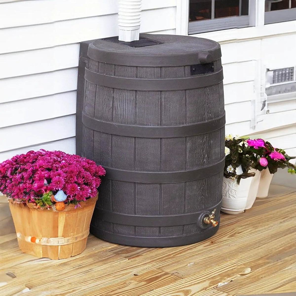 Good Ideas Rain Wizard 50 Gallon Plastic Outdoor Home Rain Barrel Water Storage Collector with Brass Spigot and Flat Back Design, Oak (4 Pack), photo 4 of 6