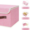 ANMINY 4PCS Storage Bins with Lid PU Leather Handles Storage Boxes PP Plastic Board Decorative Foldable Lidded Cotton Linen Fabric Home Cubes Baskets Closet Organizer Containers - Pink, Small Size by CozyNest Decor