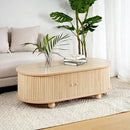 Oval Coffee Table with Storage for Living Room, Retro Charm Wooden Fluted Center Table, 47.24" Modern Classic Accordion Door Coffee Tables Dual Level Storage Side Table for Home,Office-Natural by CozyNest Decor