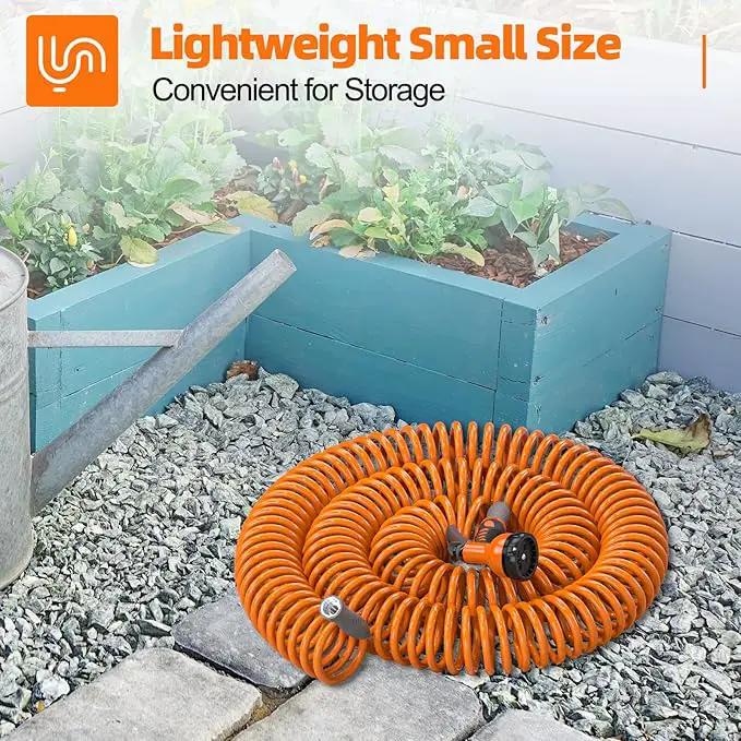 3/8” Lightweight Coil Garden Hose 100 FT, EVA Retractable Curly Water Pipe with 6-Pattern Spray Nozzle for Boat, Greenhouse, Yard, Patio (Orange), photo 3 of 7
