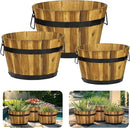 IDZO Set of 3 Wooden Flower Planters for Outdoor Plants, Acacia Wood Barrel Planters, Ergonomic Handles, Drainage Holes, Various Sizes, Golden Teak by CozyNest Decor