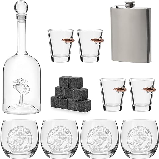 Marine Big Box Wall Decor Murphy with Decanter, 4 whiskey glasses, 4 shot glasses, marine flask, marine gifts