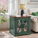24" End Table with Charging Station, Farmhouse Night Stand with Glass Barn Door, Green Nightstands with Adjustable Storage Shelf, Large Wood Square Bed Side Table for Living Room, Bedroom by CozyNest Decor