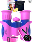 Kids Binoculars 8x21 Pink- Girls Age 3-12, Shock Proof Compact Binoculars for Kids Set- Neck Strap, Compass, Carabiner, Case- High-Resolution Optics Child Gift Toy for Bird Watching, Hiking, Spy by TinyTreasures Baby Boutique