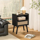 Lerliuo Rattan Nightstand, Bedside Table with Drawer Open Shelf, Cane Accent Side End Table with Solid Wood Legs, Black Mid Century Night Stand for Bedroom, Dorm and Small Spaces by CozyNest Decor