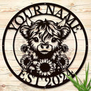 Personalized Highland Cow Name metal Signs,Custom Highland Cow Metal Shed Wall Decor,Black Metal Wall Art Plaques Outdoor wall Decorative Signage (Style E) by CozyNest Decor