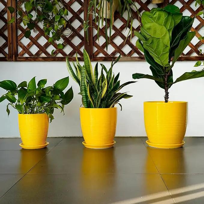 Ceramic Plant Pot - 8 Inch Planter Pot with Drainage Hole and Saucer Round Planter for Indoor Outdoor Plants Flower Pot for Home Patio Garden Office Yellow, photo 7 of 7