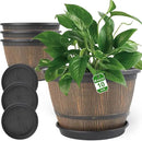10-inch-Plant-Pots-Indoor-Outdoor, 4 Pack Whiskey Barrel Planters with Drainage Holes & Saucer, Plastic Flower Pots Imitation Wine Barrel Design, Decorative Garden Pots for Plants by CozyNest Decor