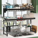3 Tier Extra Large Stainless Steel Expandable Over The Sink Dish Drainer Drying Rack, Rust Proof Metal, Space Saving, Modern Black Big Capacity Extendable Plate Strainers Above Kitchen Counter by CozyNest Decor
