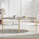 Oval Glass Coffee Table, Mid-Century Modern Design, L43 x W22 x H17 inch, Surfboard Shaped Clear Glass Top and White Marble Finish Wood Shelf, Tapered Legs with Gold Finish Frame by CozyNest Decor