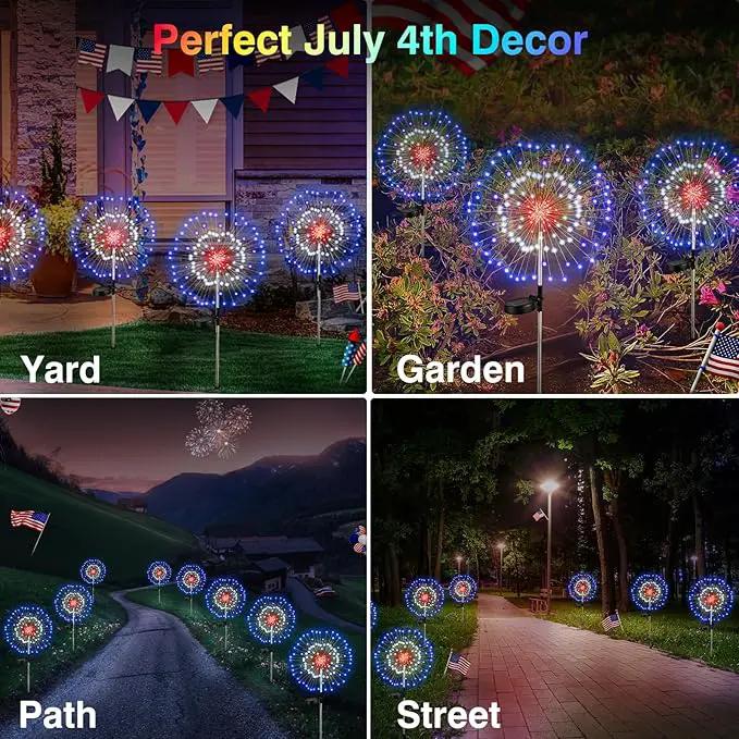 4th of July Firework Solar Garden Lights, Red Blue White Solar Firework Lights with 120 LED 2 Lighting Modes, Outdoor Waterproof Yard Lighting for Independence Day Memorial Day Decor, 4 Pack, photo 9 of 9