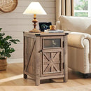 JXQTLINGMU Farmhouse End Table with Charging Station, 18'' Rustic Nightstand with Barn Door & Adjustable Shelf, Wooden Sofa Side Table with 3-Tier Storage for Living Room, Bedroom, Warm Brown by CozyNest Decor
