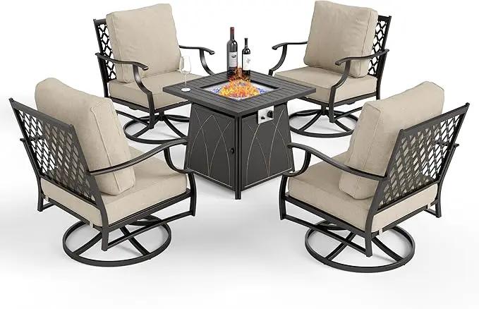 Patio Furniture Set with Fire Pit Table, 5 Pcs Metal Outdoor Conversation Set, 4 Swivel Chairs with 5.75" Extra Thick Cushion and 28" Fire Pit Table for Backyard Deck, Beige, photo 8 of 8