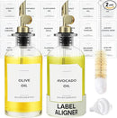 Olive Oil Dispenser Bottle - Includes 55 Kitchen Essential Labels - Cooking Oil Bottles for Kitchen, Coffee Syrup Dispenser - Pourer Spout with 11.8 fl oz Glass Container Cruet - 2pcs, Gold by CozyNest Decor