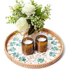 Round Rattan Tray with Mother of Pearl Inlay & Wooden Base - Decorative Wicker Serving Tray for Coffee/Bread/Fruits, Food Storage & Display - Multipurpose Home Decor (M,Four-Leaf Clover) by CozyNest Decor