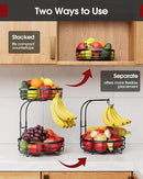 Fruit Basket for Kitchen Counter - 2-Tier Large Capacity Fruit Bowl with Detachable Banana Hanger, Rust-Proof Metal Fruit Holder for Vegetables, Bread, Toiletry,10" D x 10" W x 14" H, Black by CozyNest Decor