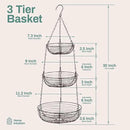 Home Intuition 3-Tier Hanging Fruit Produce Basket Heavy Duty Wire with 2 Metal Ceiling Hooks, Round, Bronze by CozyNest Decor