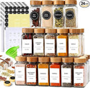 Set of 24 Glass Spice Jars with Various Labels, Bamboo Shaker Lids & Funnel, Kitchen Storage Jars with Airtight Lid, Spices & Seasonings Sets Organizer, Spice Containers, Glass Jar Food Canister by CozyNest Decor