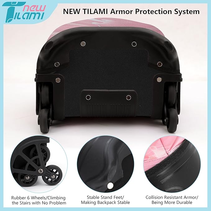 NEW TILAMI 18 inch Rolling Backpack for Girls – Waterproof, Large Capacity, Stair-Climbing Design, Adjustable Handle, Great for School, Pink Sunset by TinyTreasures Baby Boutique