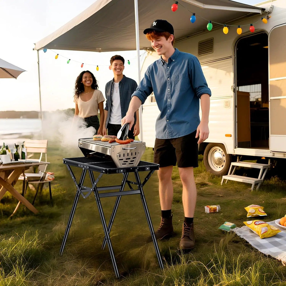 2ft Sturdy Folding Grill Table, Supports 180 Lbs, 2 Adjustable Height 28” Portable Grill Table, Heat-Resistant Tabletop, Folding Metal Table for Camping BBQ Cooking Backyard, 24" X 16", Black, photo 2 of 6