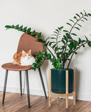 D'vine Dev Ceramic Planter with Natural Stand - 10 Inch Modern Round Flower Pot with Wood Planter Holder, Teal, 55-B-K-4 by CozyNest Decor