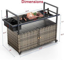 Outdoor Bar Cart with Storage Cabinet, Patio Bar Table with Tempered Glass Tabletop, Outdoor Serving Grill Cart with Rolling Wheels, Rattan Bar Cart for Patio, Backyard, Grey Wicker by CozyNest Decor