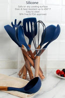 Country Kitchen Non Stick Silicone Utensil Set with Rounded Wood Handles for Cooking and Baking, 8 Piece Set, Navy by CozyNest Decor