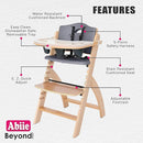 Abiie Beyond Junior Wooden High Chair with Tray - Adjustable and Convertible High Chair for Babies and Toddlers - 6 Months to 250 Lb - Water Resistant - Natural Wood with Dark Grey Cushion by TinyTreasures Baby Boutique