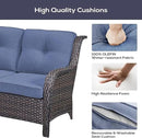 Outdoor Patio Furniture Set with 50000BTU Propane Fire Pit Table, 4 Pieces Wicker Patio Conversation Set with 2 Swivel Rocker Glider Chairs Rattan Sofa Blue Cushion Perfect for Gathering by GreenHaven Gardens
