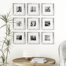 Vittanly 8x8 Picture Frames Set of 9, Shatter Resistant Plexiglass, Display 4x4 Pictures with Mat or 8x8 without Mat, Photo Frames for Wall Mount, Engineered Wood, Distressed White by CozyNest Decor