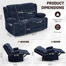 Loveseat Recliner Sofa Set with 2+1 Pieces, 2 Seater Minimalist Style Fabric Manual Pull Tab Reclining Loveseat with USB Charge Ports, Cup Holders, Recliner Couches for Living Room, RV, Blue by CozyNest Decor