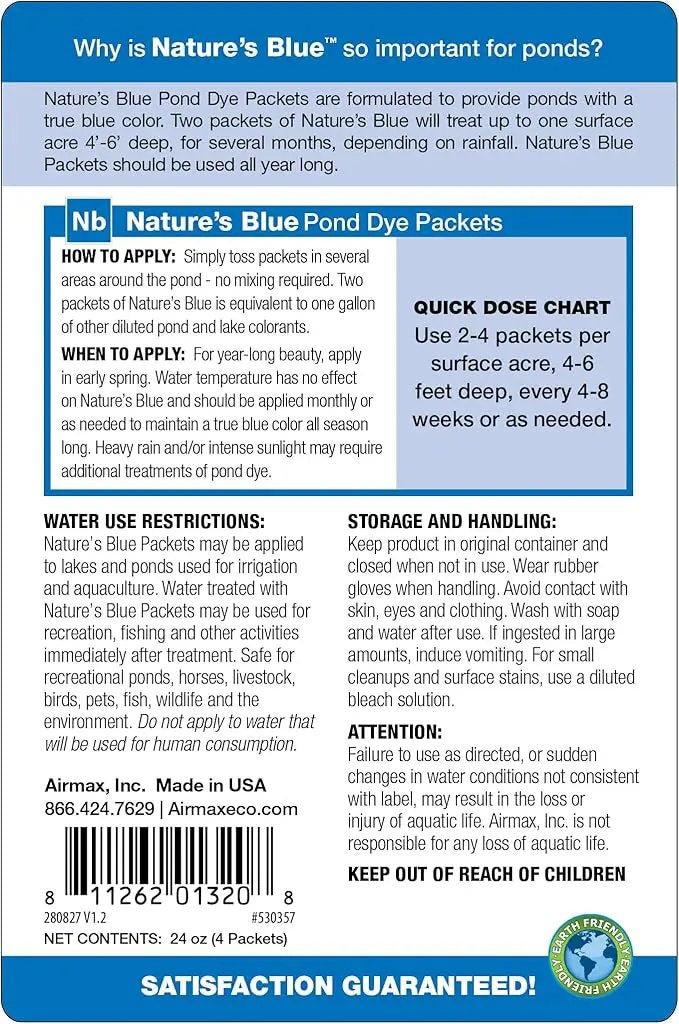 Airmax Pond Dye Packets Nature's Blue Colorant for Large Pond & Lake, Beneficial UV Blocking Color Concentrate, Maintain Clean & Clear Pond, Fish, Bird & Animal Safe, Easy Treatment, 2 Soluble Packets, photo 2 of 9