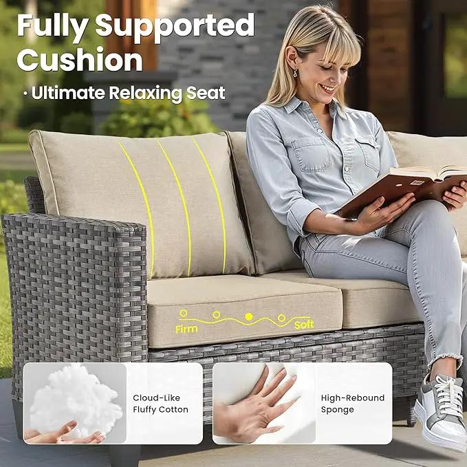 ovios 6 Pieces Patio Furniture Set with 30" Fire Pit Table, Outdoor Wicker Sofa with Comfy Cushions, All Weather High Back Rattan Couch Conversation Set, Beige, photo 5 of 8