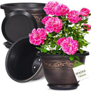 Plastic-Plant-Flower-Planters-12 Inch with Drainage Hole & Saucer, 3 Packs Lightweight Small Resin Flower Pot Indoor Outdoor, Retro Antique Imitation Decorative Garden Containers Sets for Houseplants by CozyNest Decor
