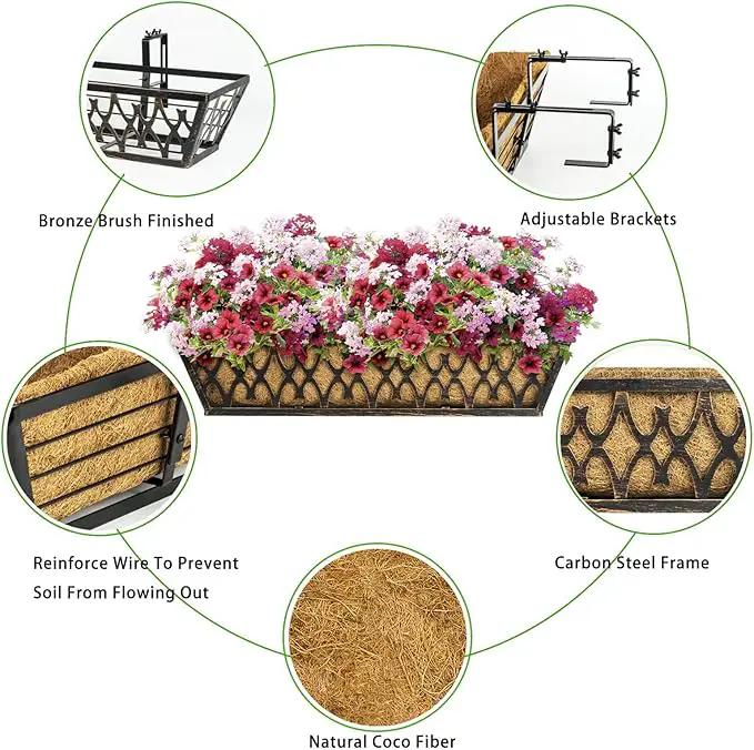Window Boxes Planters: 2 Pack 24 Inch Railing Planter Box with Adjustable Brackets for Porch Fence Patio Balcony Hanging Flower Baskets with Coco Liners for Outdoor Garden Decor - Bronze, photo 3 of 7