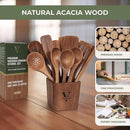 Vasilek Wooden Cooking Utensils Set – 12-Piece Acacia Wood Kitchen Utensil Set with Square Holder & Spoon Rest, Non Toxic Wooden Tools for Nonstick Cookware, Spatula, Ladle, Serving Spoon by CozyNest Decor