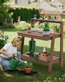 SERWALL Potting Bench Outdoor with Storage, 3-Tier HDPE Gardening Table with Angled Legs & Tool Hooks, All-Weather Heavy Duty Potting Table for Patio, Backyard, Garden, Brown by GreenHaven Gardens