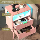 Pink Nightstand with Charging Station and LED Lights,Modern Bedside Table with 2 Storage Drawer and Open Wood Shelf, for Bedroom and Small Spaces,Night Stand with Solid Wood Legs,Pink by CozyNest Decor
