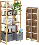 4NM No Assembly Foldable Bookshelf, 5-Shelf Collapsible Bookcase Storage for Small Spaces, 62.2" H, Brown and Golden by CozyNest Decor