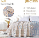 jinchan Boho 100% Cotton Muslin Queen Size 80x90 Throw Blanket Lightweight 4-Layer Orange Reversible Blanket Washable Breathable Geometric Striped Pattern Soft Comfy for Couch Bed Decor All Seasons by CozyNest Decor