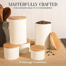 6 Canister Set for the Kitchen Countertop – Metal Food Storage Canisters with Airtight Lids for Flour, Tea, Crafts, Coffee, & Sugar – Container Set with Modern Wood Lids, White by CozyNest Decor