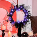 JORNOY 16inch LED Halloween Wreath with Battery Timer - Black Artificial Leaves&Silk Ribbon Decor Hanging for Front Door, Mantel, Porch, Wall, Party Decorations by CozyNest Decor