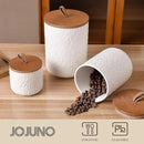 JOJUNO White Ceramic Canister Set with Wooden Lid, 3-Piece Airtight Food Storage Jars for Kitchen Counter - Flour, Sugar, Coffee, Tea, Spice - Small, Medium, Large Sizes - Stone Texture by CozyNest Decor