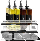 Olive Oil Dispenser Bottle - Includes 44 Kitchen Essential Labels - Cooking Oil Bottles for Kitchen, Coffee Syrup Dispenser - Pourer Spout with 11.8 fl oz Glass Container Cruet - 4pcs, Black by CozyNest Decor