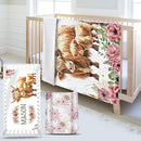 Custom Name Crib Bedding Set - Flower Highland Cow Pattern, Personalized Nursery Bedding 3-Piece Set– Soft Blanket, Fitted Sheet, Changing Pad Cover – for Newborns Girls Nursery Gifts by TinyTreasures Baby Boutique